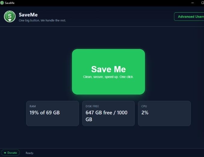 SaveMe main window with the Save Me cleanup button and donate link
